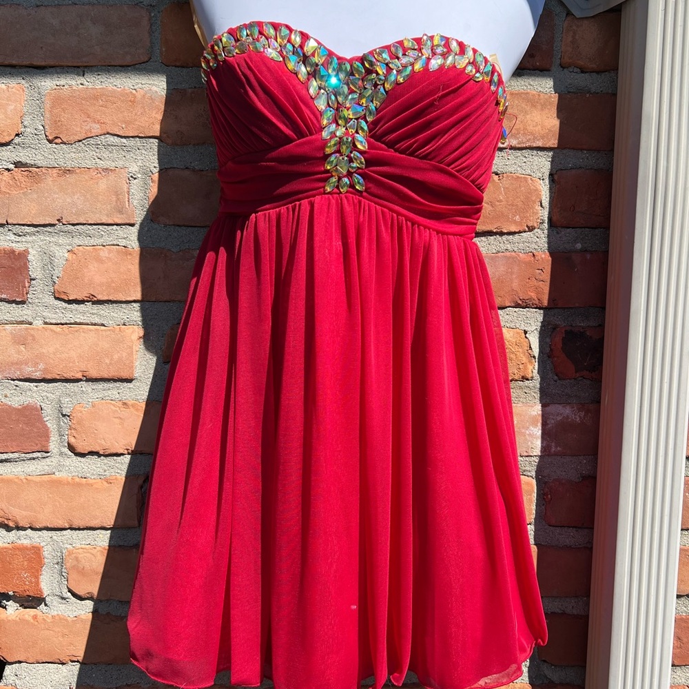 Strapless Red Dress with Embellished Neckline